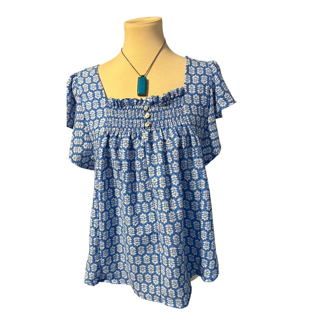 Draper James Blue White Floral Smocked Square Neck Flutter Sleeve Blouse Large